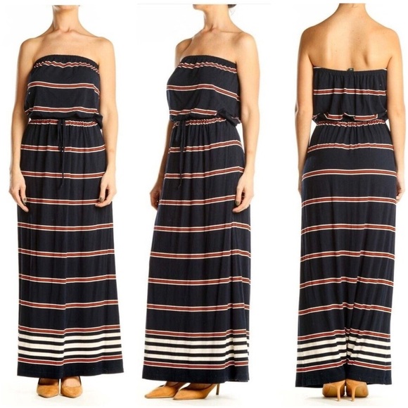 J CREW Navy Striped Strapless Stretch Jersey Summer Maxi Dress Women’s Sz Medium - Picture 2 of 9